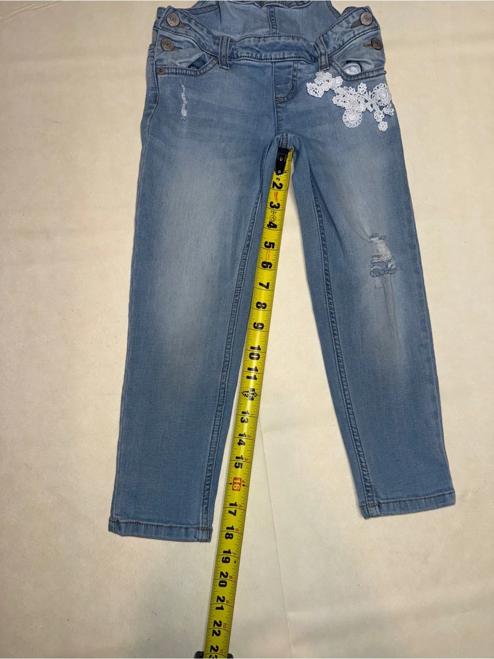 Justice Light Blue Denim Overalls with White Lace Appliqué